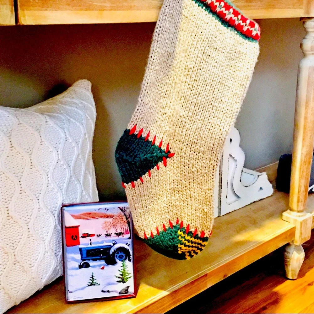 Vintage knit crochet Christmas stocking and farmhouse winter cards set